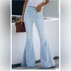 BLANK PAIGE STRIPED RETRO/BOHO BELL BOTTOMS-LIGHT WASH BLUE/WHITR STRIPE JEANS